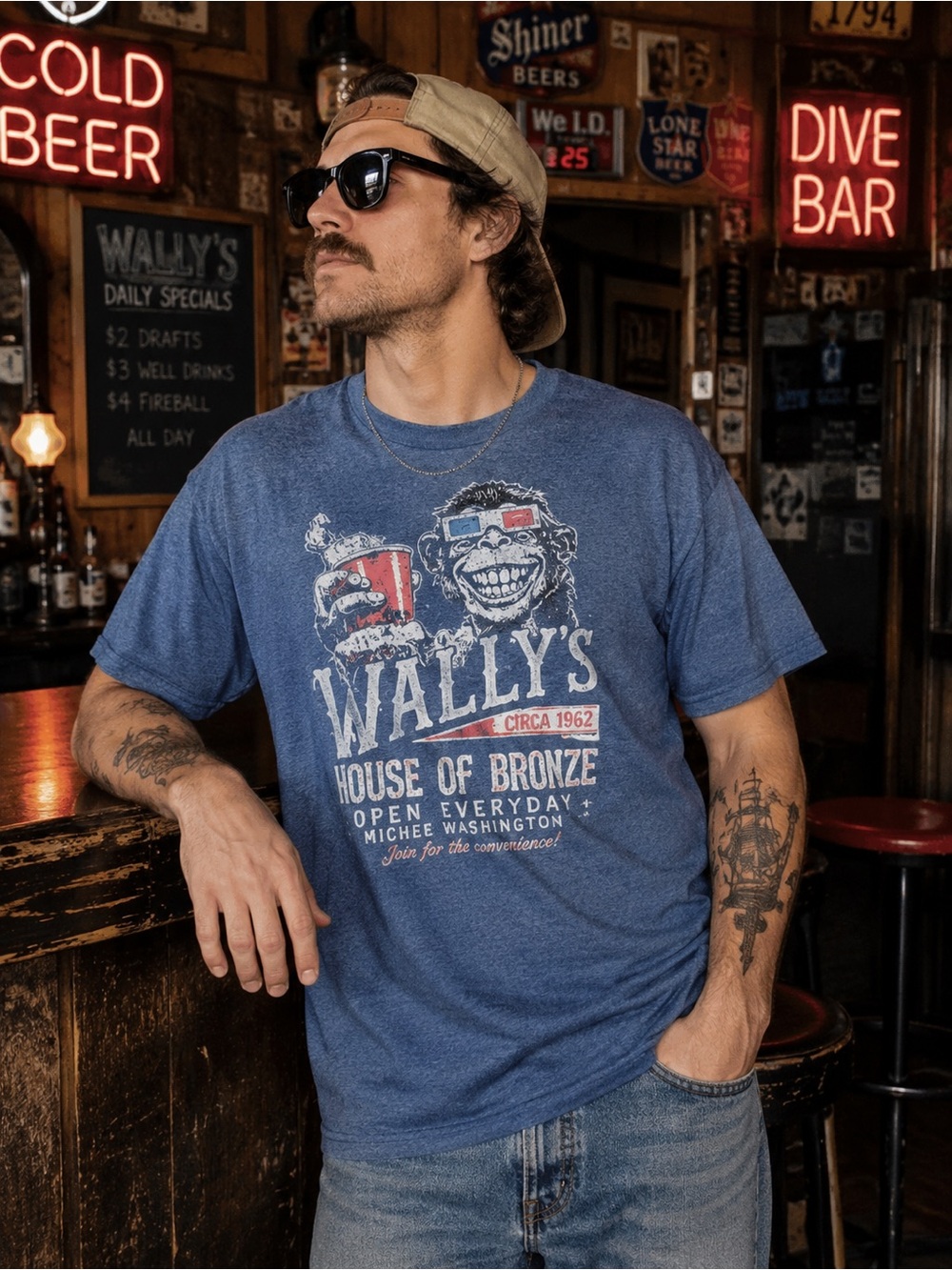 Vintage Dive Bar Shirt Club Graphic Tee Men’s Large Blue Monkey Beer T-Shirt